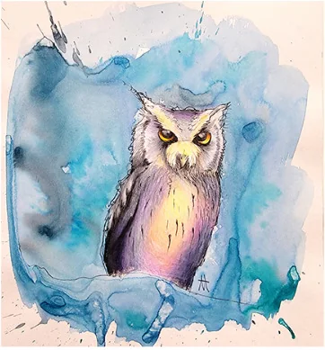 An owl on a blue washed ground