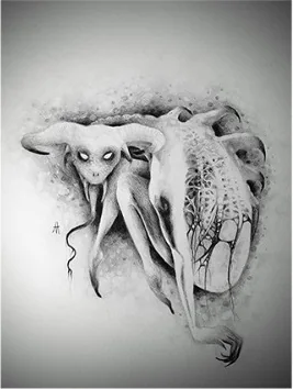A two-headed creature with round eyes and folded ears