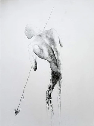 A crouching figure holding a long staff