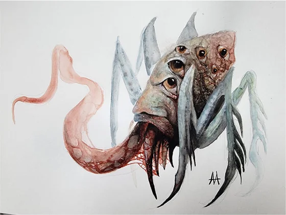 A creature with clustered eyes, horns and a curling red tail