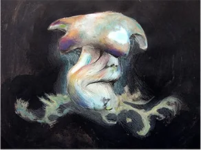 A creature with an iridescent mushroom cap on a dark ground