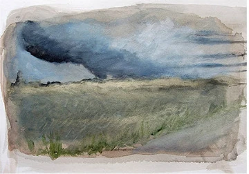 A grey-blue storm sky over a green field, painted in loose washes