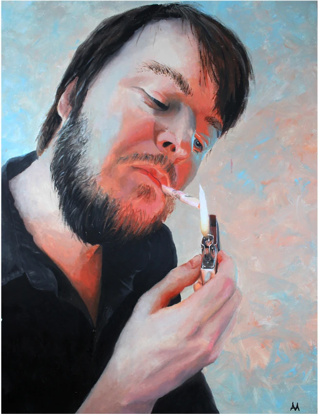 A bearded man lighting a cigarette against a pale blue and pink ground