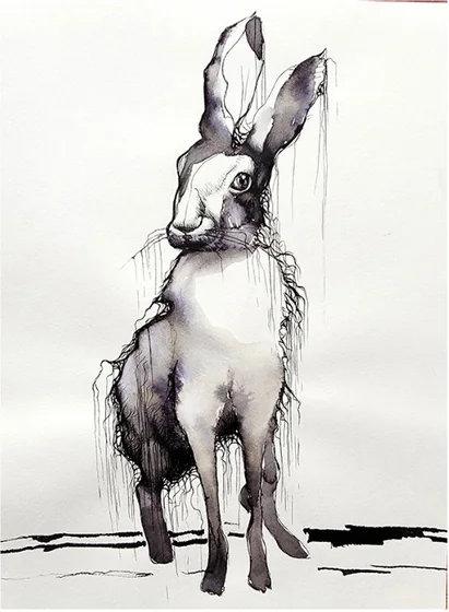 A hare standing upright with dripping black lines