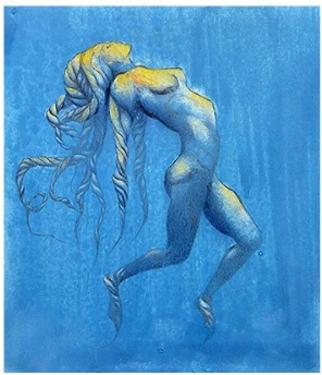 A striding blue figure with yellow hair
