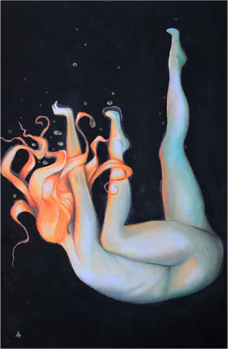 A figure falling head-first with trailing orange hair