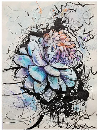 A succulent in blue and pink with black ink