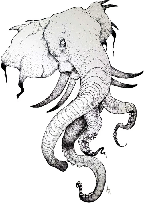 An elephant head with tentacles in place of a trunk, in fine line