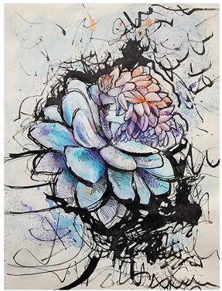 A succulent in blue and pink with black ink