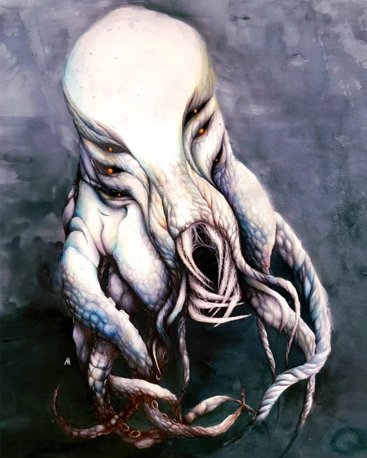 A pale cephalopod creature with orange eyes against dark teal