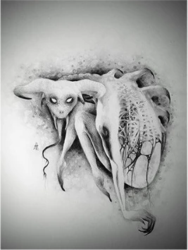 A two-headed creature with round eyes and folded ears