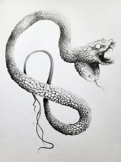 A coiled snake with a horned head