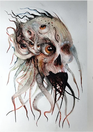 A skull-like head with many eyes and trailing tentacles