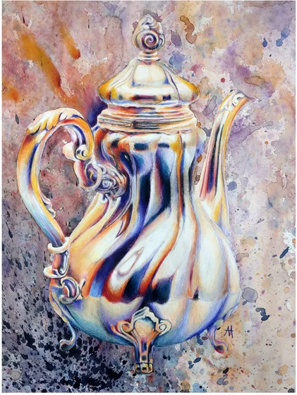 An ornate silver coffee pot with reflections in orange and blue