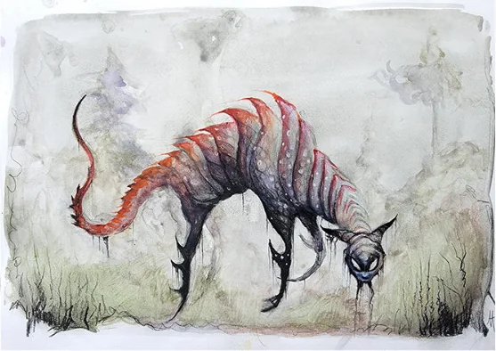 A striped hunched beast with a long tail in a pale field