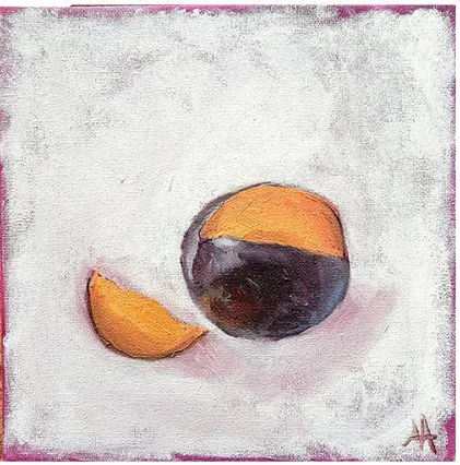 A plum and a plum segment on a pale ground