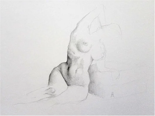 A seated nude figure with one arm raised, lightly drawn