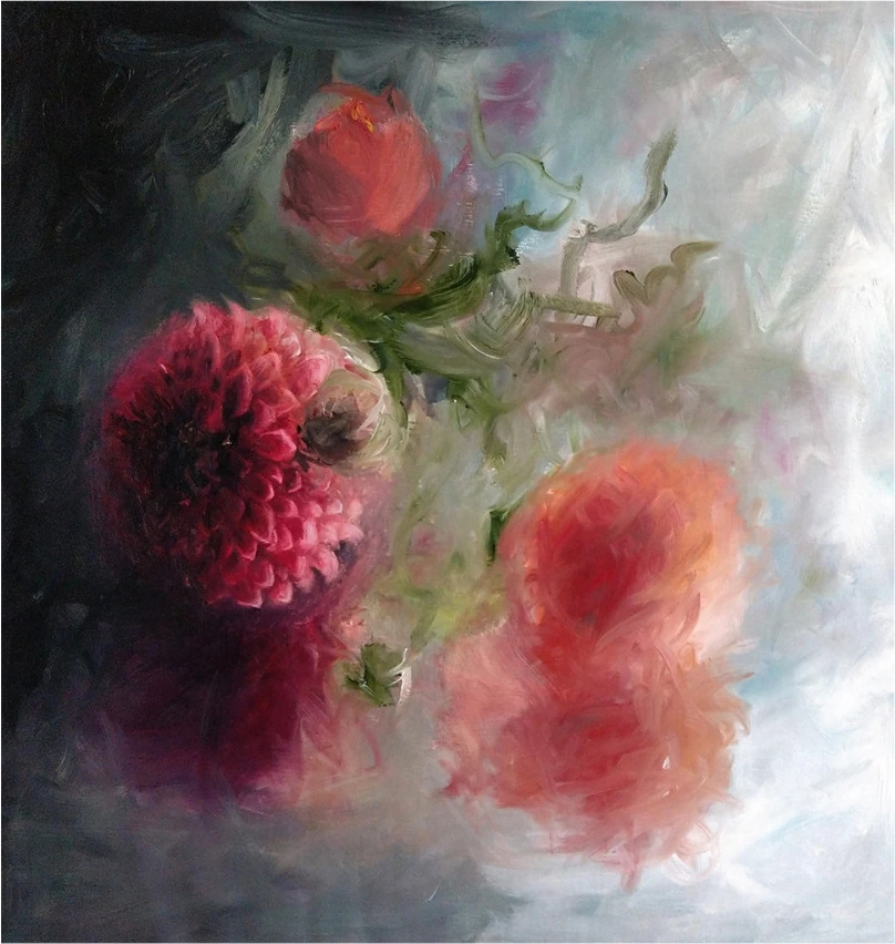 Red dahlias in soft focus