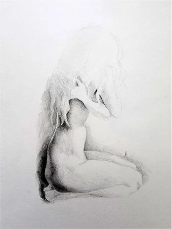 A seated figure with head bowed, lightly drawn