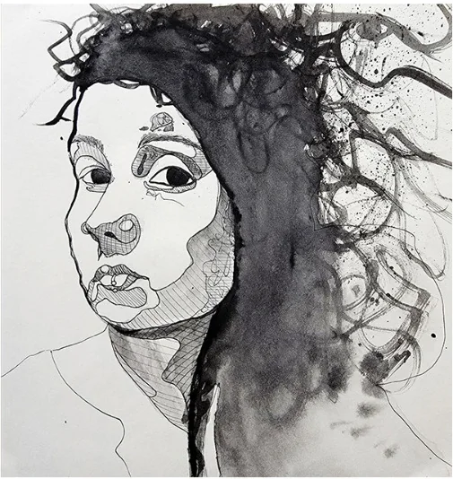 A woman's face with flowing dark hair in ink