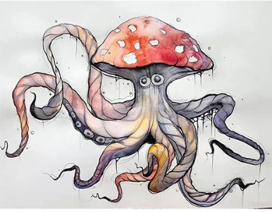 An octopus with a red-spotted mushroom cap