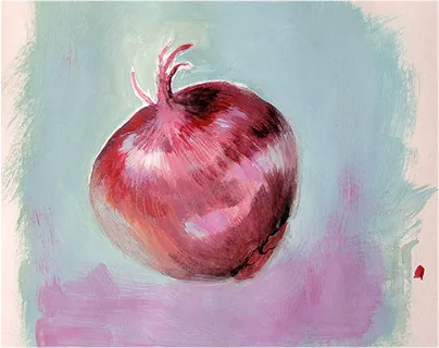 A red onion on a pale green and pink ground