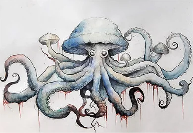 An octopus with a blue-grey mushroom cap