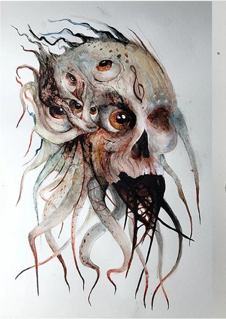 A skull-like head with many eyes and trailing tentacles