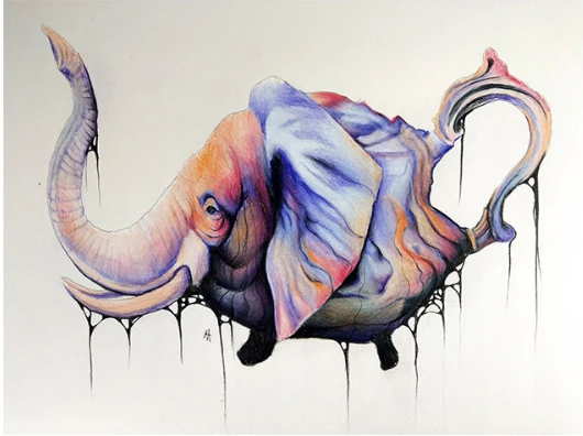 A teapot shaped like an elephant with dripping colour