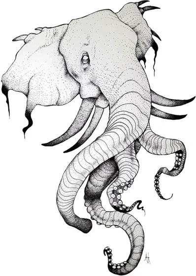 An elephant head with tentacles in place of a trunk, in fine line