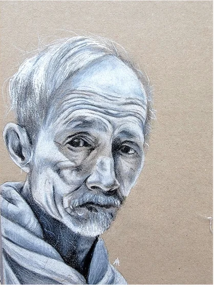 An elderly man with a white beard, drawn on brown paper