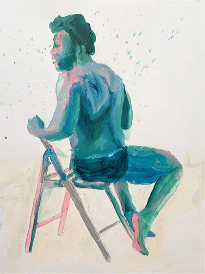 A seated man in blue and green tones on a chair
