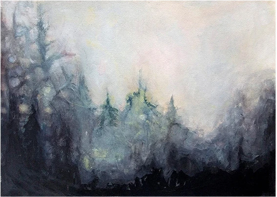A dark forest treeline in mist