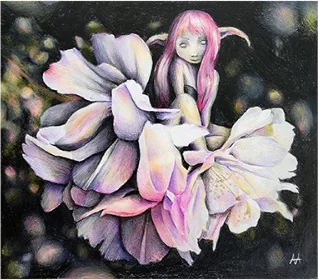 A pink-haired figure seated in a pale blossom