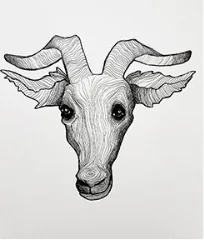 The head of a horned animal with large dark eyes