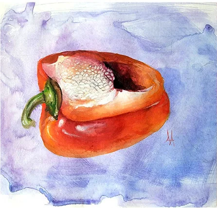 A cut red pepper on a violet ground