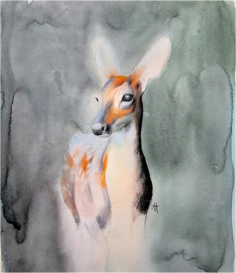 A doe against a grey-green washed ground