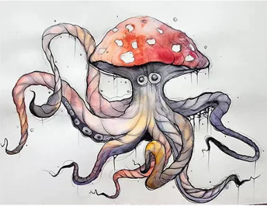 An octopus with a red-spotted mushroom cap
