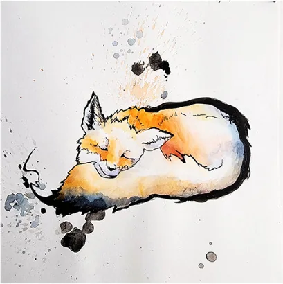 A fox curled asleep with black ink splashes
