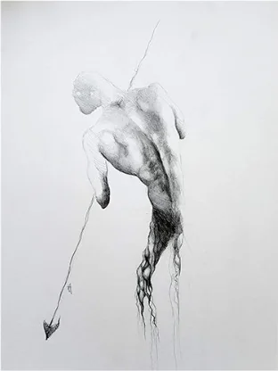 A crouching figure holding a long staff