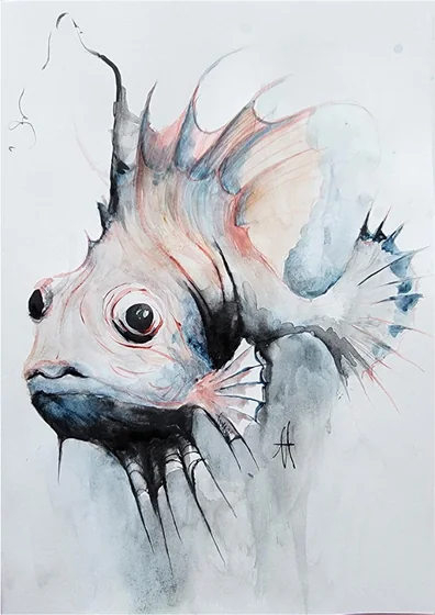 A spiny fish seen from the side, in cool washes