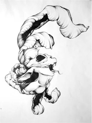 A curled figure with a ram skull and horns