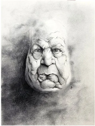 An elderly face with deep wrinkles