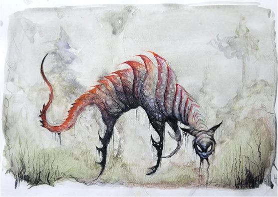 A striped hunched beast with a long tail in a pale field