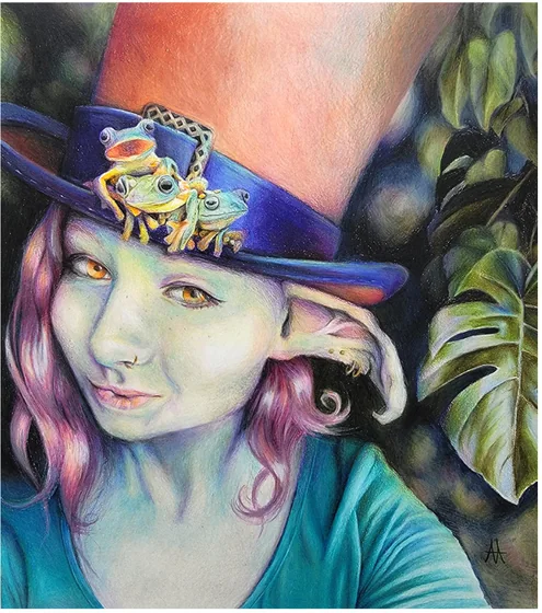 A young woman with pink hair in an orange top hat decorated with frogs