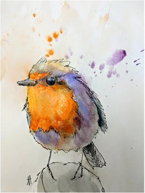 A robin with an orange breast and splashes of violet