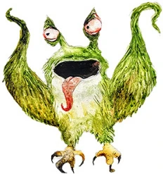 A green furry creature with wide eyes and an open mouth