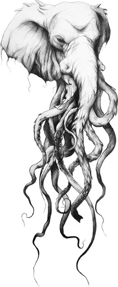 An elephant's head merging into tentacles, drawn in fine grey tones