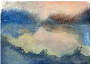 A lake under a pink and blue evening sky