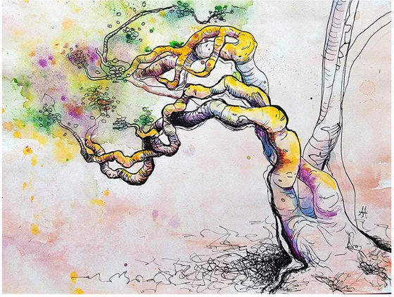 A twisted branch in yellow and green